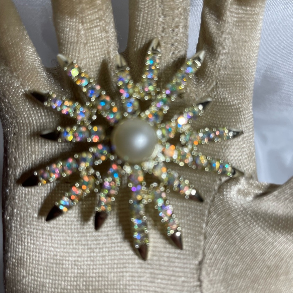 Vintage Emmons Silvertone Starburst Aurora Borealis Rhinestone Faux Pearl Brooch